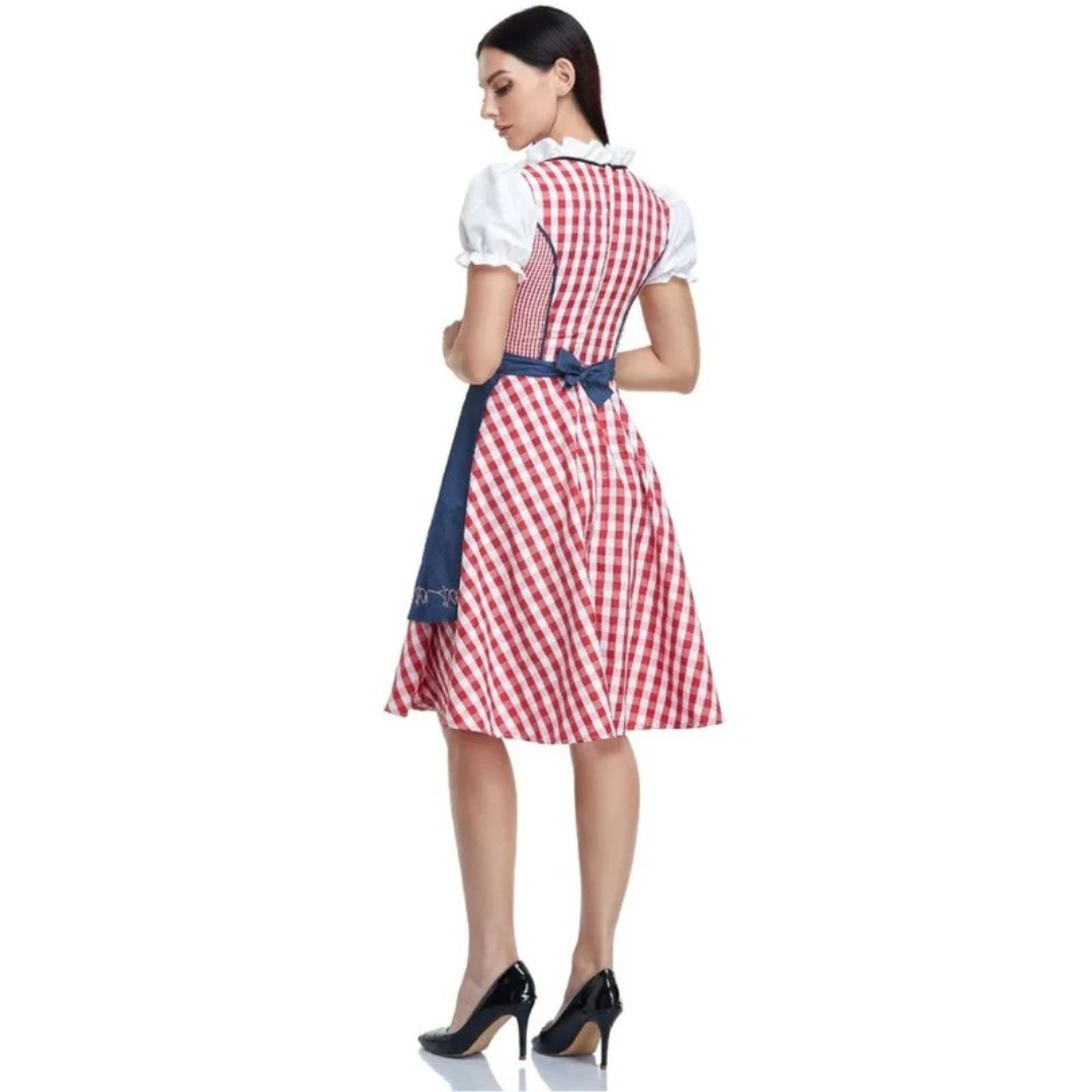Kvinnors Rutig Dirndl Klänning – Snörning Oktoberfest Midi med Förkläde