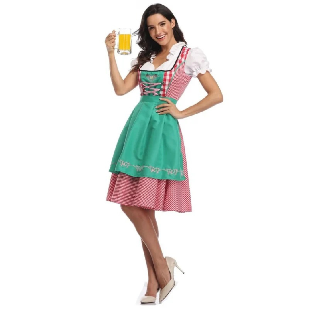 Kvinnors Rutig Dirndl Klänning – Snörning Oktoberfest Midi med Förkläde