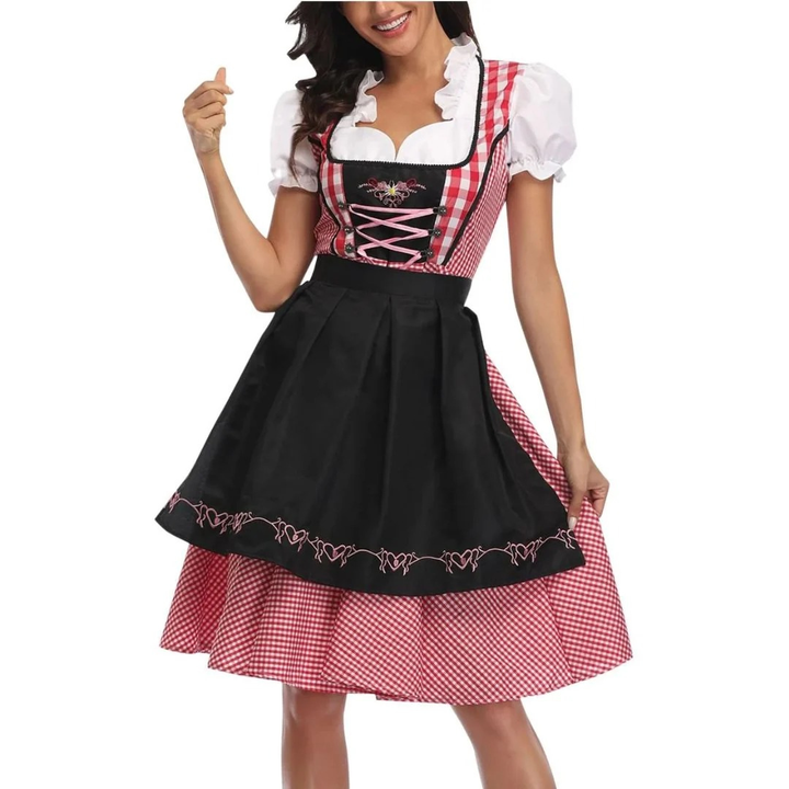 Kvinnors Rutig Dirndl Klänning – Snörning Oktoberfest Midi med Förkläde