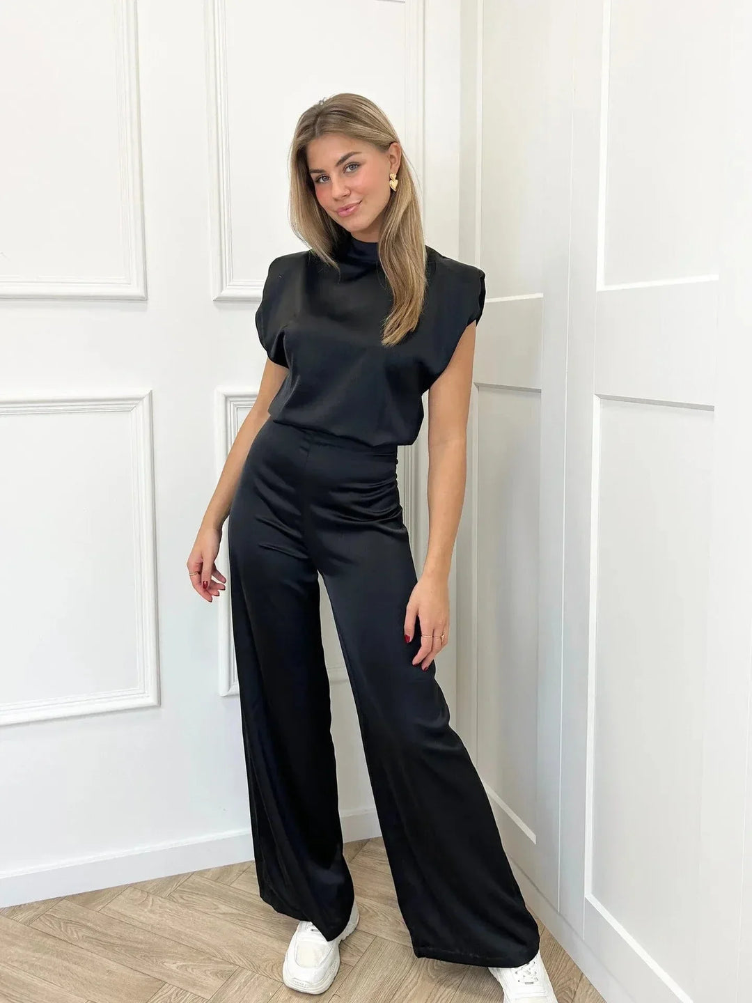 Kvinnors Eleganta Vida Byxdress Ärmös Hög Hals Flödande Kvällsavslappnad Chic Outfit