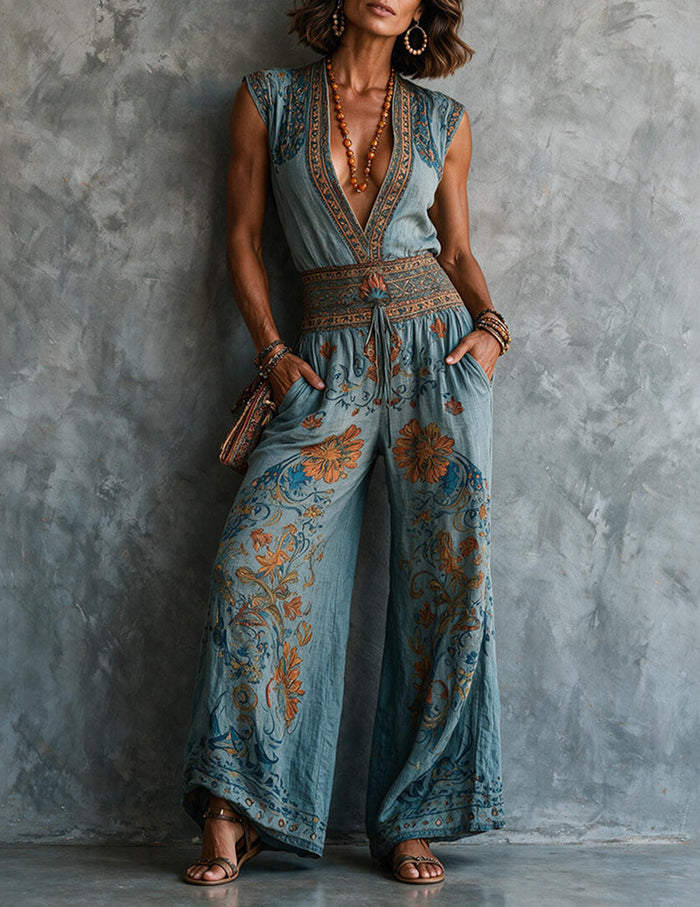 Kvinnors Linne Boho Blommig Tryck Bred Ben Jumpsuit