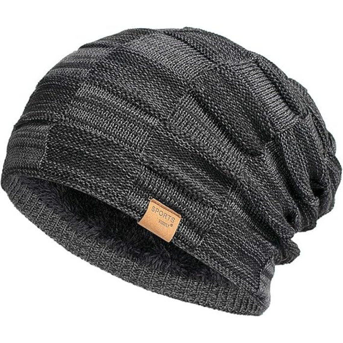 Slouch Beanie Stickad Mössa med Fleecefoder Varm