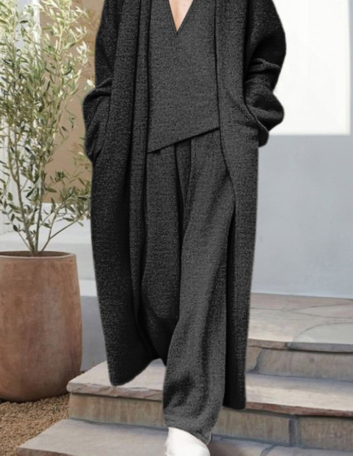 Kvinnors Tre Dela Lounge Set Med Draperad Lång Cardigan