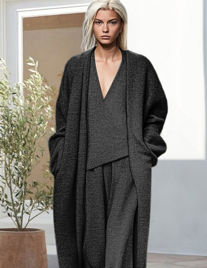 Kvinnors Tre Dela Lounge Set Med Draperad Lång Cardigan