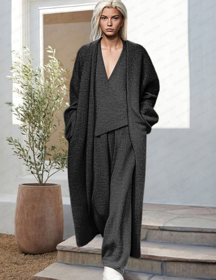 Kvinnors Tre Dela Lounge Set Med Draperad Lång Cardigan