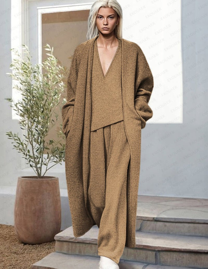Kvinnors Tre Dela Lounge Set Med Draperad Lång Cardigan
