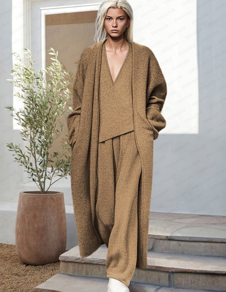 Kvinnors Tre Dela Lounge Set Med Draperad Lång Cardigan