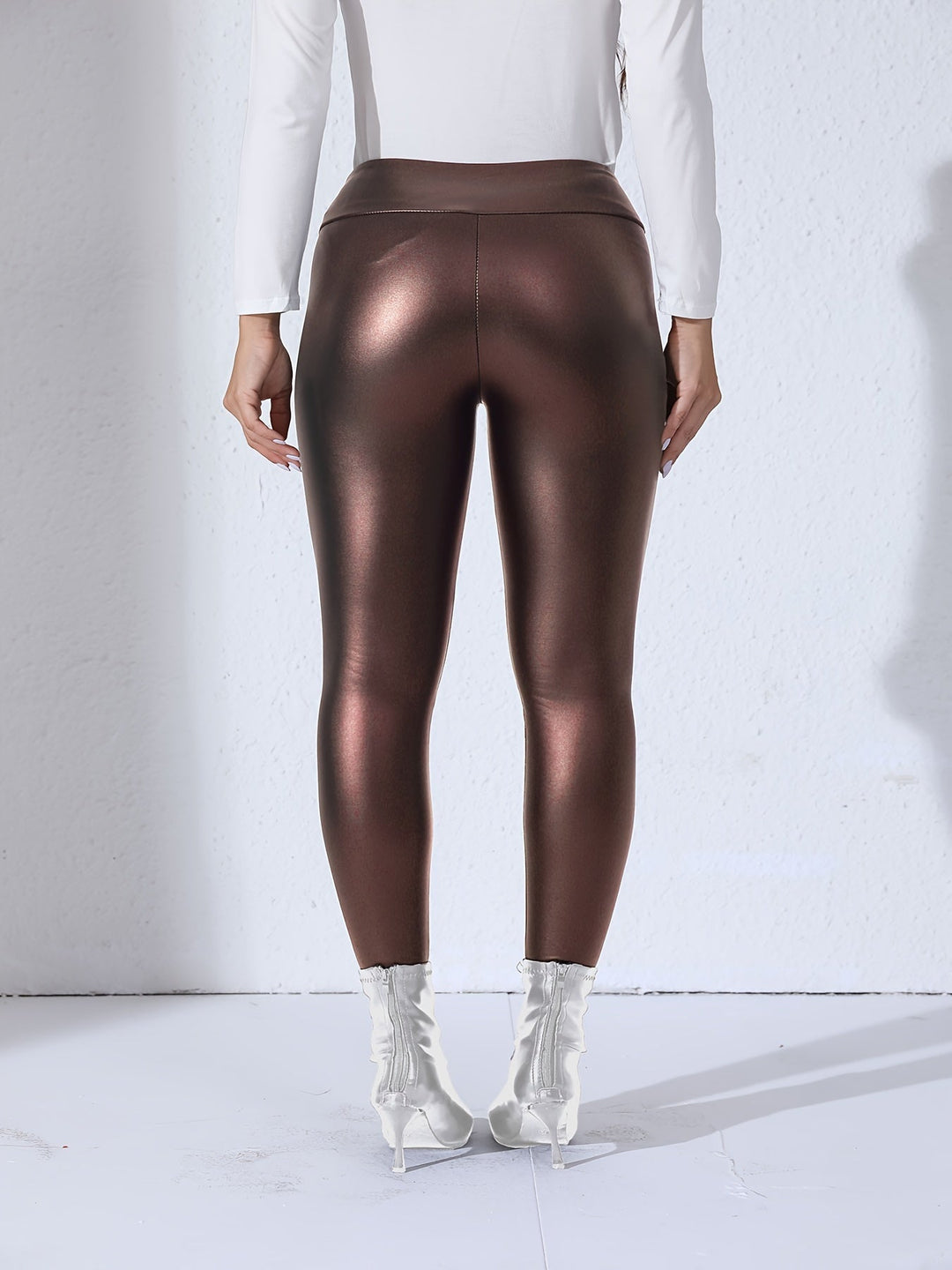 Kvinnors PU-läder leggings Hög midja Stretch Slim Fit Stilig vardaglig casual byxor