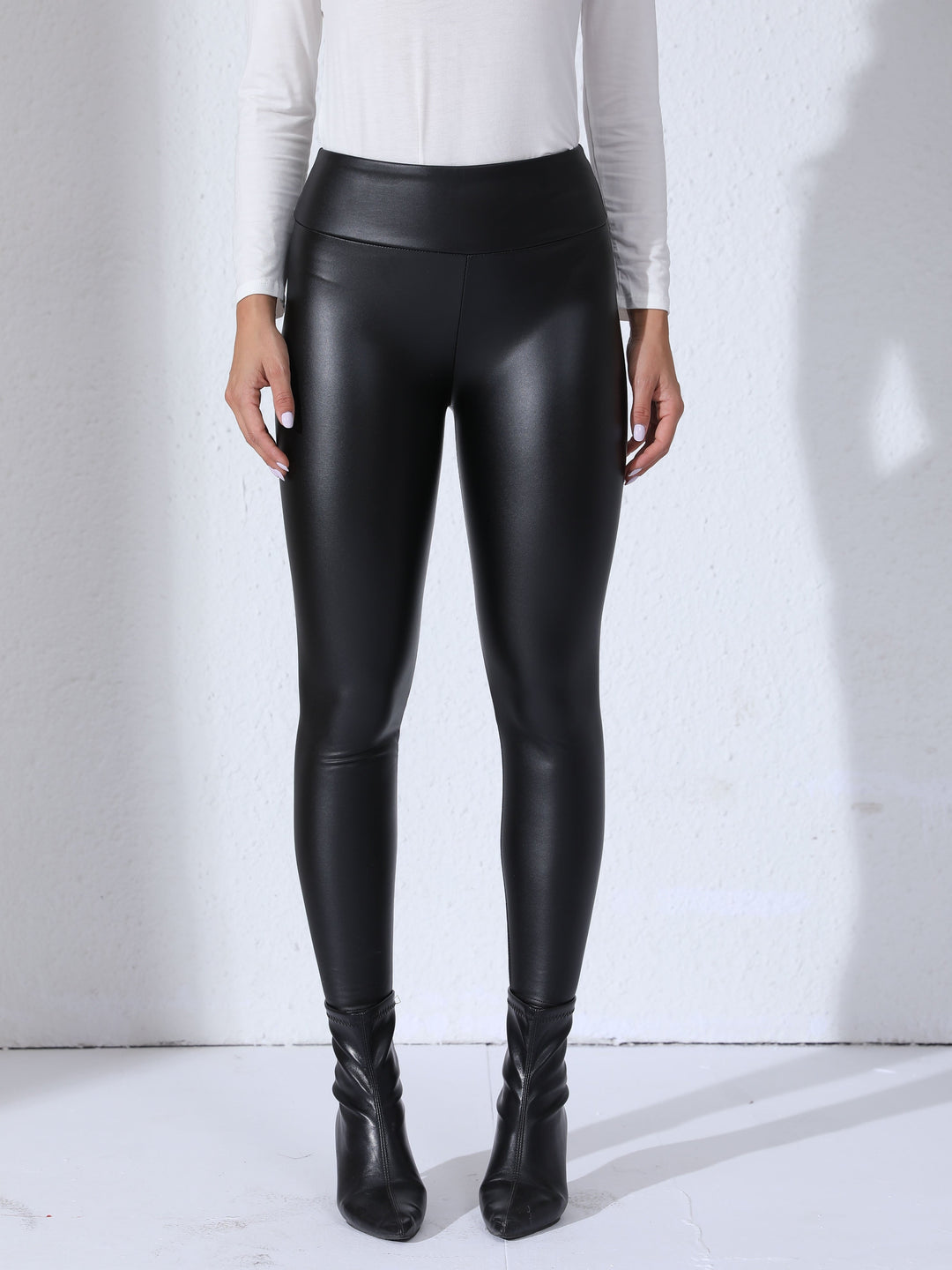 Kvinnors PU-läder leggings Hög midja Stretch Slim Fit Stilig vardaglig casual byxor