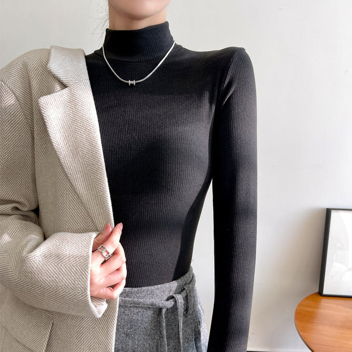 Kvinnors Finribbad Mock-Neck Tröja – Slim Passform Långärmad Grundplagg för Höstlager