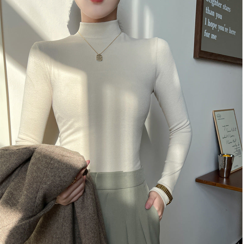 Kvinnors Finribbad Mock-Neck Tröja – Slim Passform Långärmad Grundplagg för Höstlager