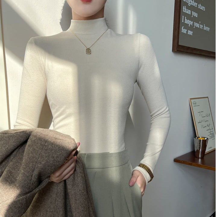 Kvinnors Finribbad Mock-Neck Tröja – Slim Passform Långärmad Grundplagg för Höstlager