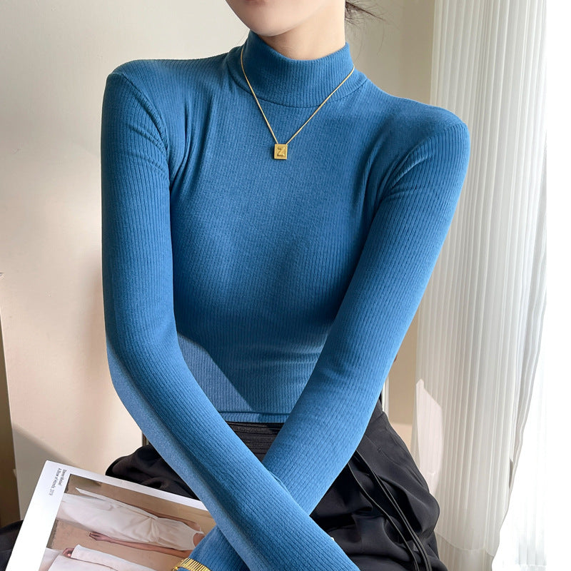 Kvinnors Finribbad Mock-Neck Tröja – Slim Passform Långärmad Grundplagg för Höstlager