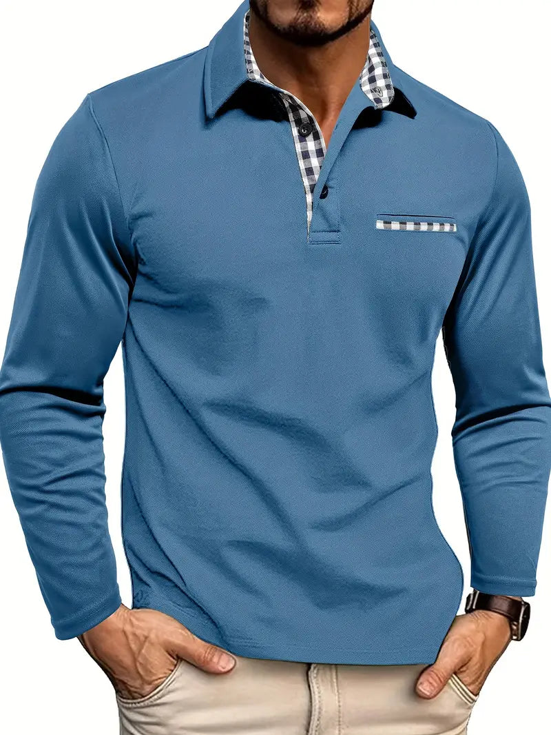 Herrars långärmad polo t-shirt Bekväm bomullsblandning Smart avslappnad vardagsversatil klassisk topp