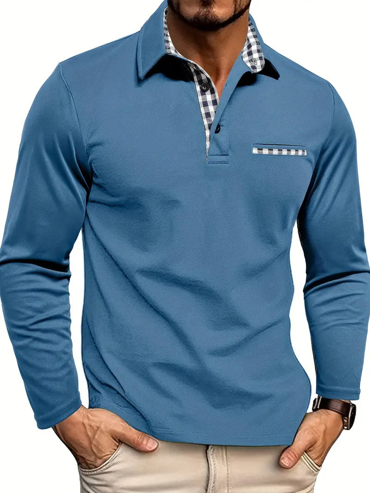Herrars långärmad polo t-shirt Bekväm bomullsblandning Smart avslappnad vardagsversatil klassisk topp