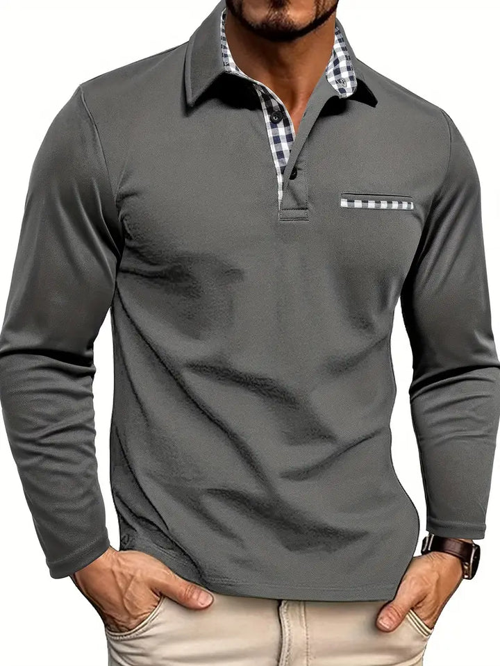 Herrars långärmad polo t-shirt Bekväm bomullsblandning Smart avslappnad vardagsversatil klassisk topp
