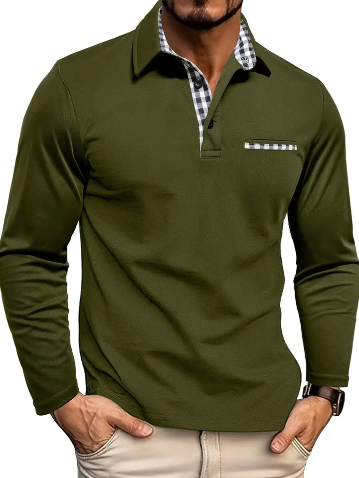 Herrars långärmad polo t-shirt Bekväm bomullsblandning Smart avslappnad vardagsversatil klassisk topp