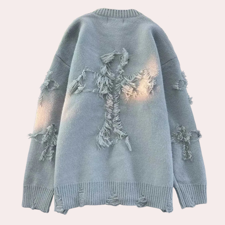 Herrarnas Oversized Tryckt Tröja med Ribbad Rundhals