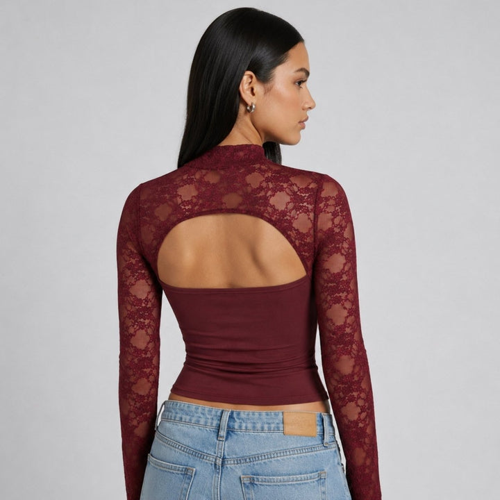 Kvinnors Spets Utskärning Mock Neck Långärmad Kvällstop