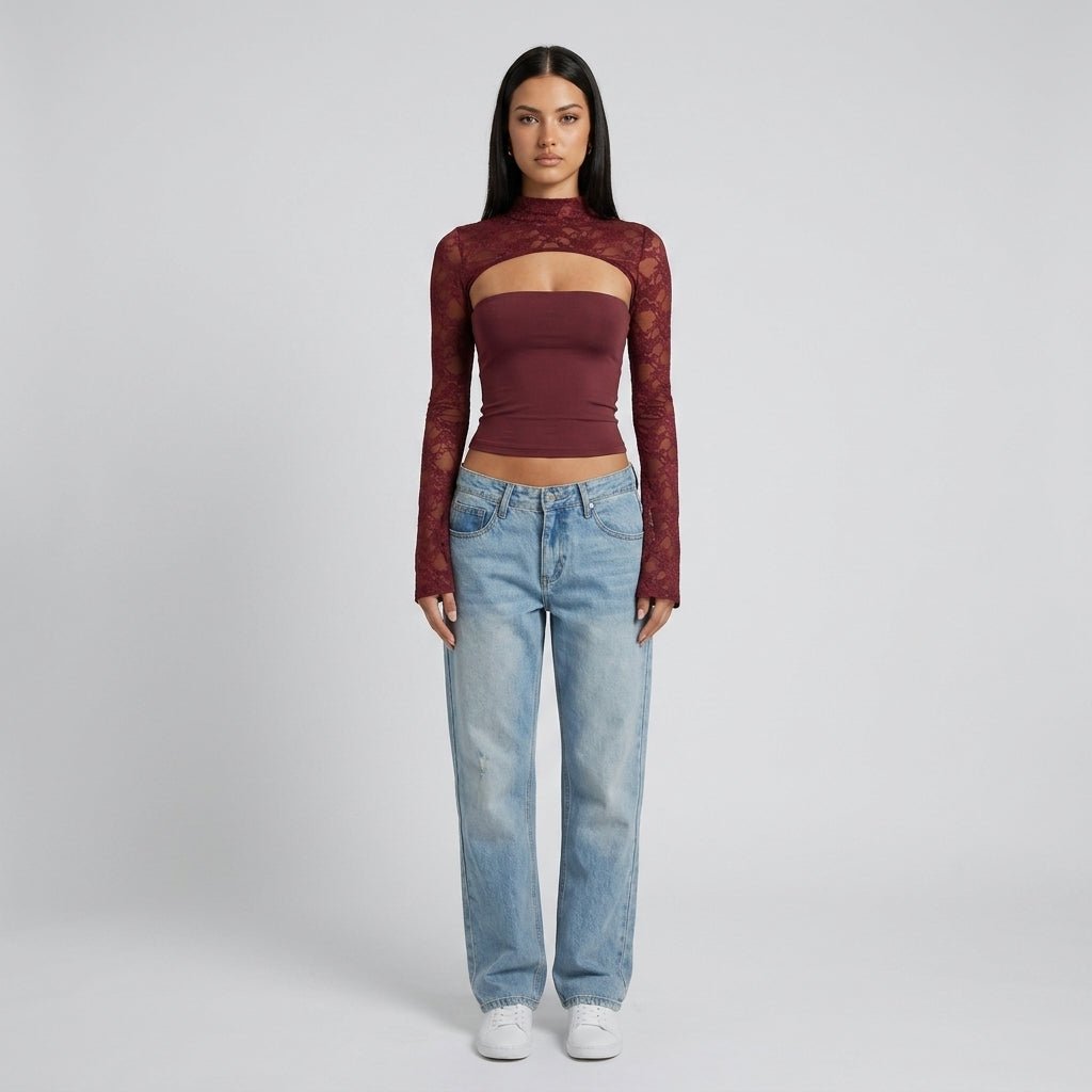 Kvinnors Spets Utskärning Mock Neck Långärmad Kvällstop