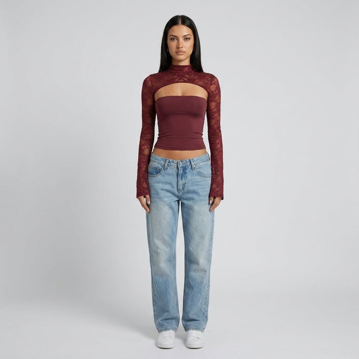 Kvinnors Spets Utskärning Mock Neck Långärmad Kvällstop