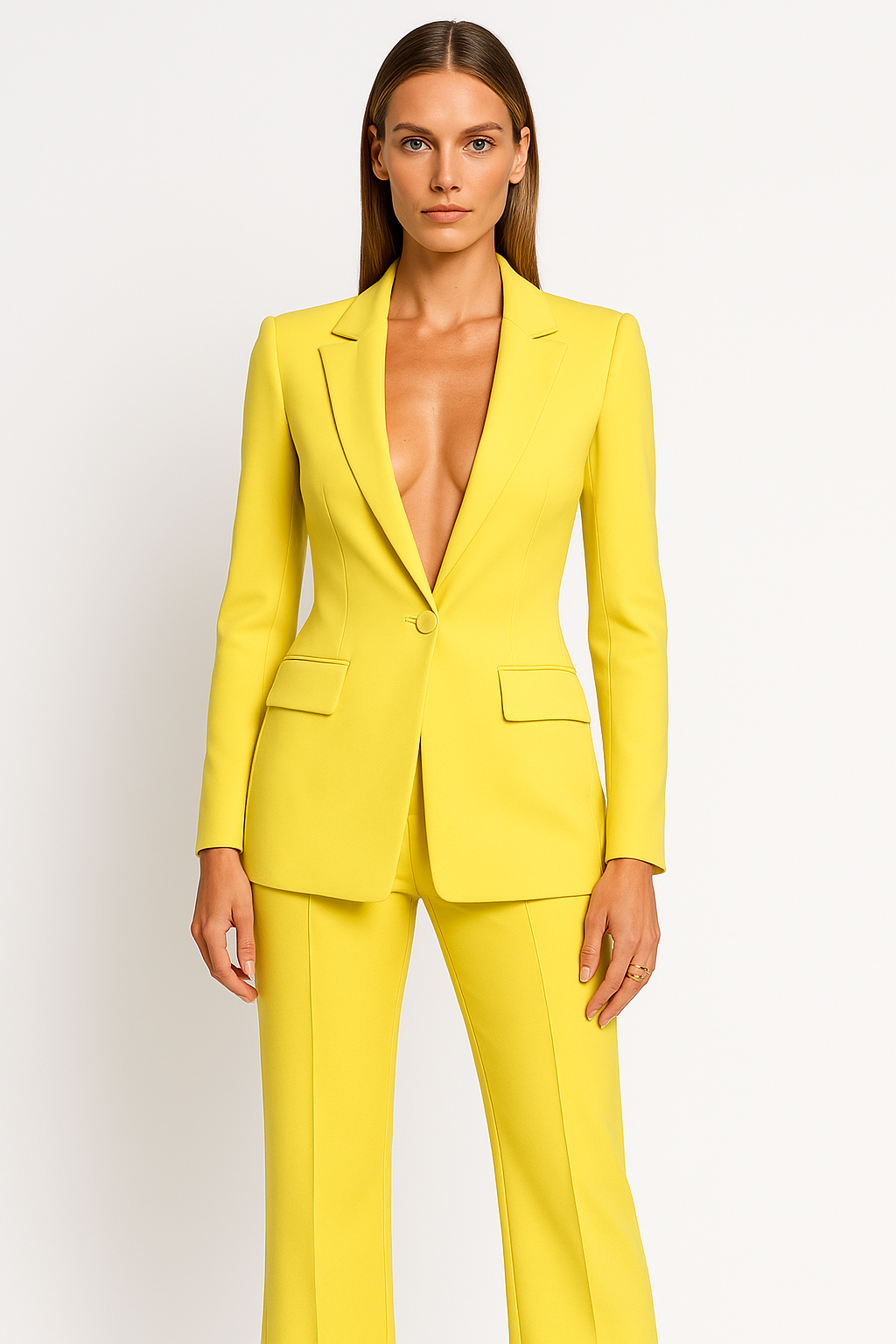 Kvinnors Djup U-ringad Blazer med Vida Byxor Set