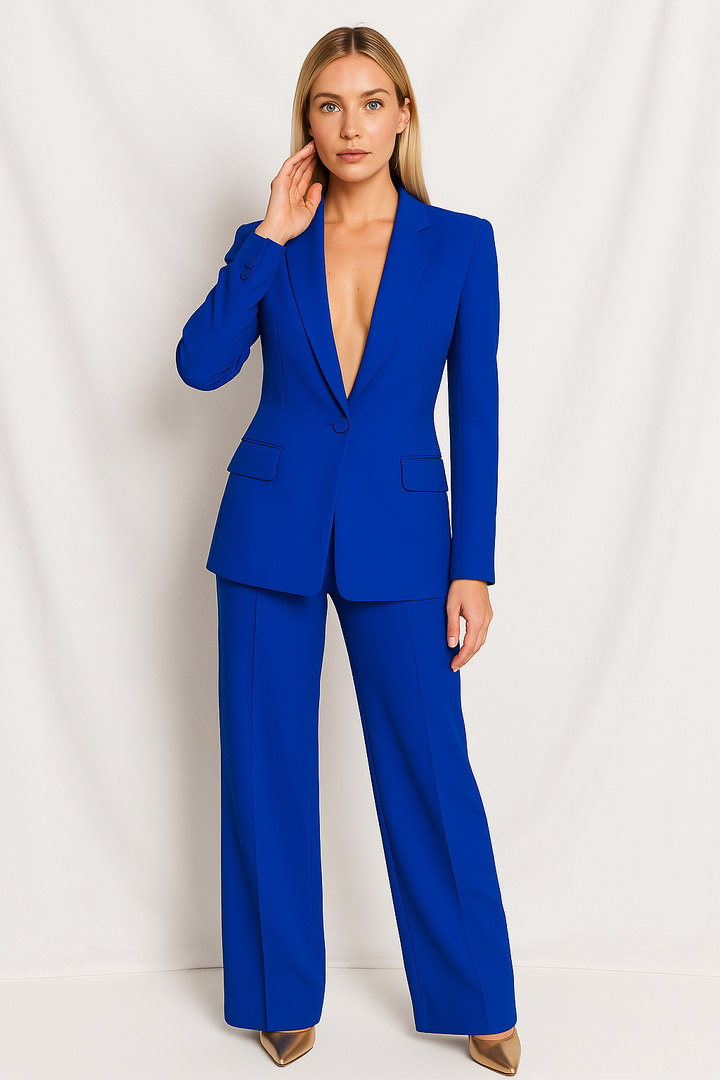 Kvinnors Djup U-ringad Blazer med Vida Byxor Set
