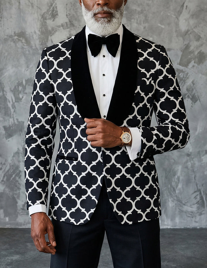 Herrarnas geometriska jacquard tuxedojacka med sjalkragar