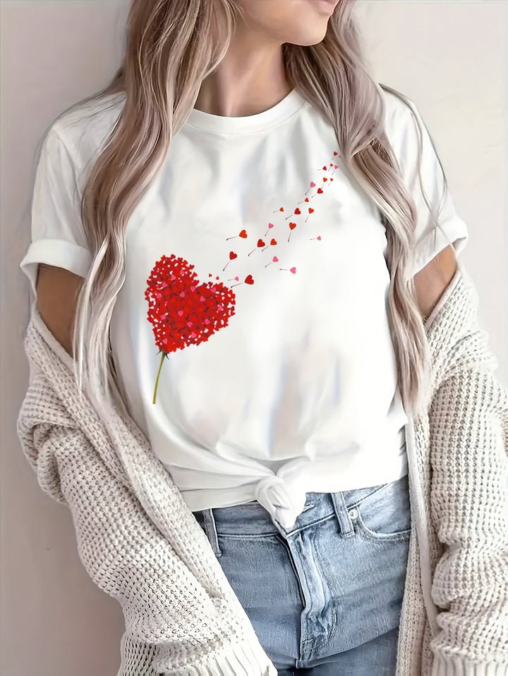 Kvinnors Söt Hjärt- och Blommönstrad T-shirt med Rund Halsringning, Mjuk Bomullsblandning och Romantisk Avslappnad Stil för Varje Dag