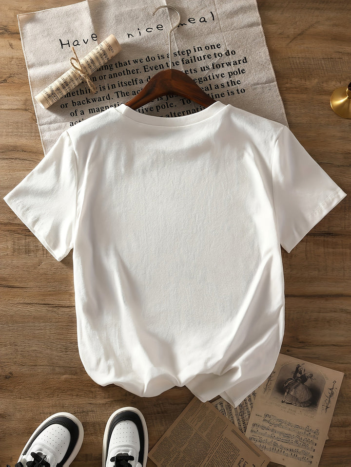 Kvinnors Söt Hjärt- och Blommönstrad T-shirt med Rund Halsringning, Mjuk Bomullsblandning och Romantisk Avslappnad Stil för Varje Dag