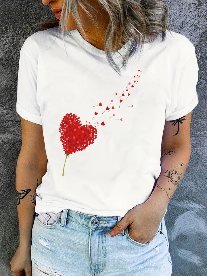 Kvinnors Söt Hjärt- och Blommönstrad T-shirt med Rund Halsringning, Mjuk Bomullsblandning och Romantisk Avslappnad Stil för Varje Dag