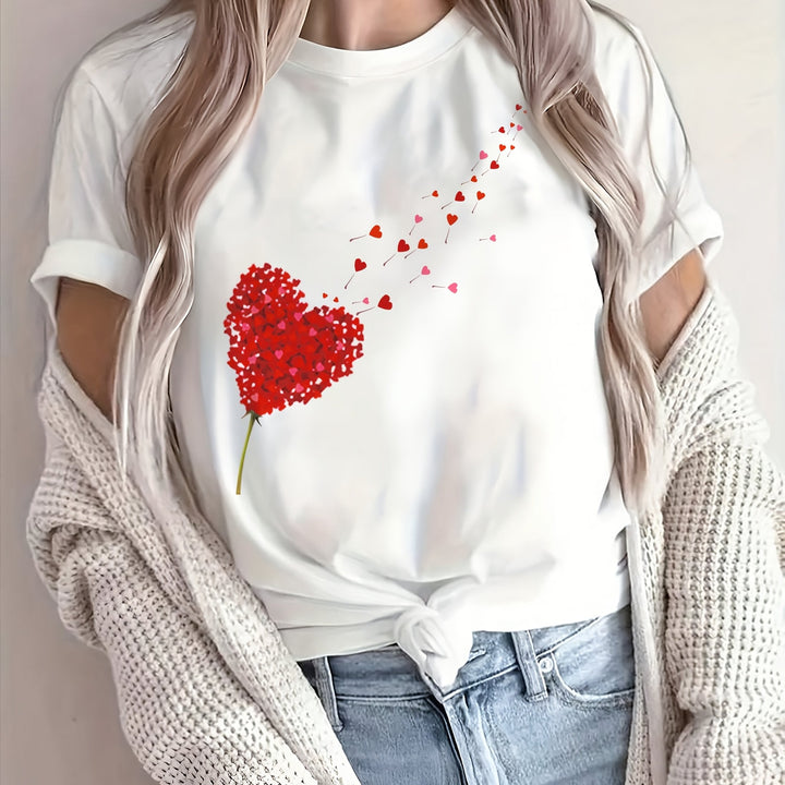 Kvinnors Söt Hjärt- och Blommönstrad T-shirt med Rund Halsringning, Mjuk Bomullsblandning och Romantisk Avslappnad Stil för Varje Dag