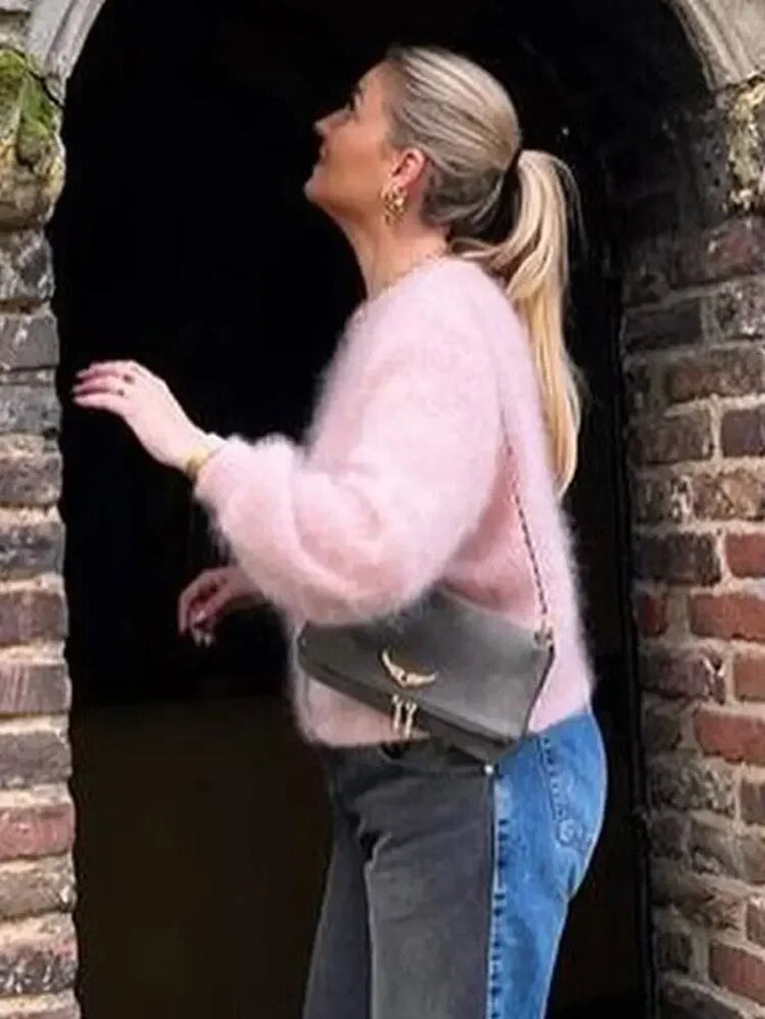 Dam Stickad Cardigan med Ballongärm och Knäppning Fram