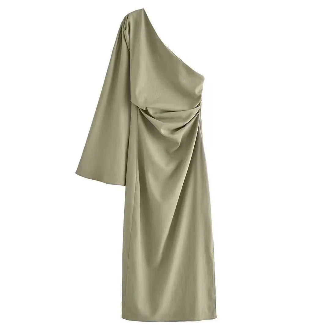 Kvinnors Satin Midi Klänning Asymmetrisk Draperad Ärmspricka