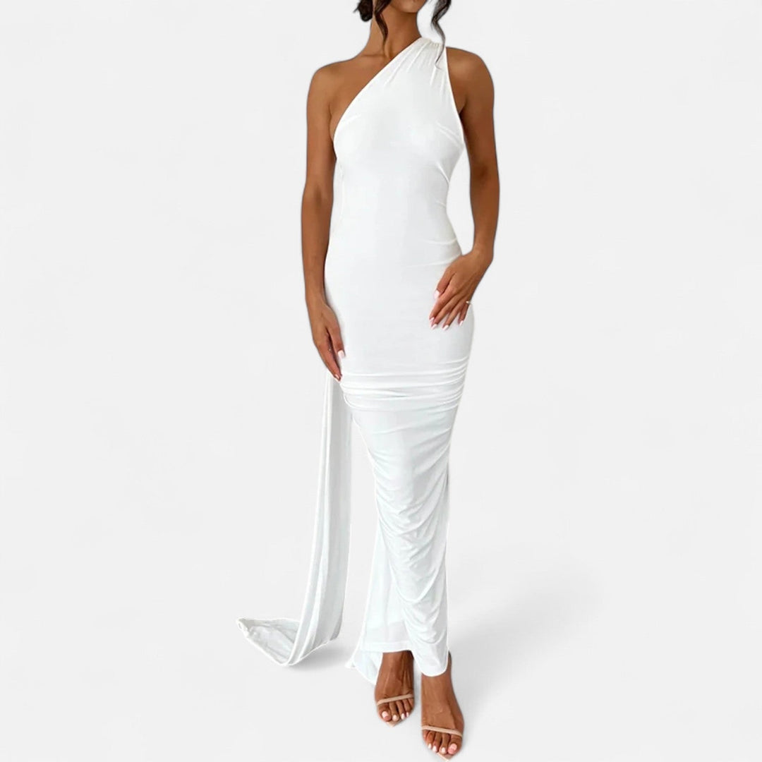 Kvinnors Enaxlad Halterneck Maxi Klänning – Fitted Gown för Kvällsevenemang