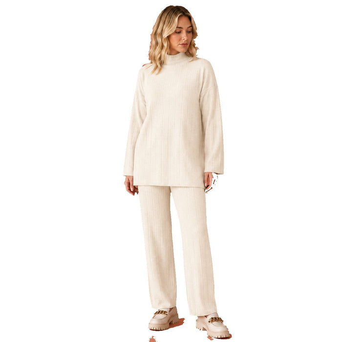 Kvinnors Ribbade Lounge Set Mock Neck Vida Byxor