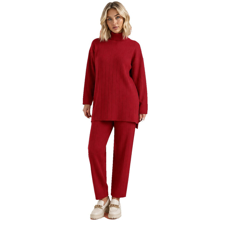 Kvinnors Ribbade Lounge Set Mock Neck Vida Byxor