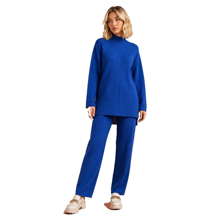 Kvinnors Ribbade Lounge Set Mock Neck Vida Byxor