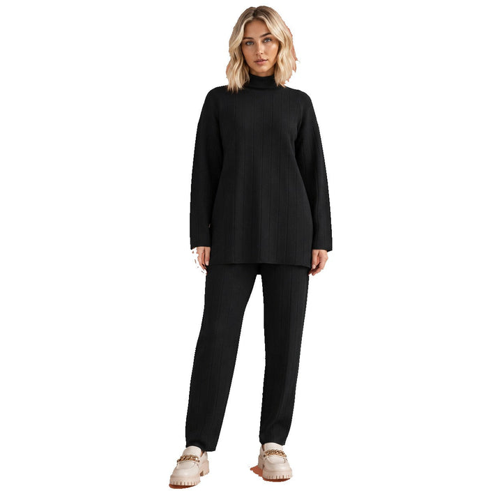 Kvinnors Ribbade Lounge Set Mock Neck Vida Byxor