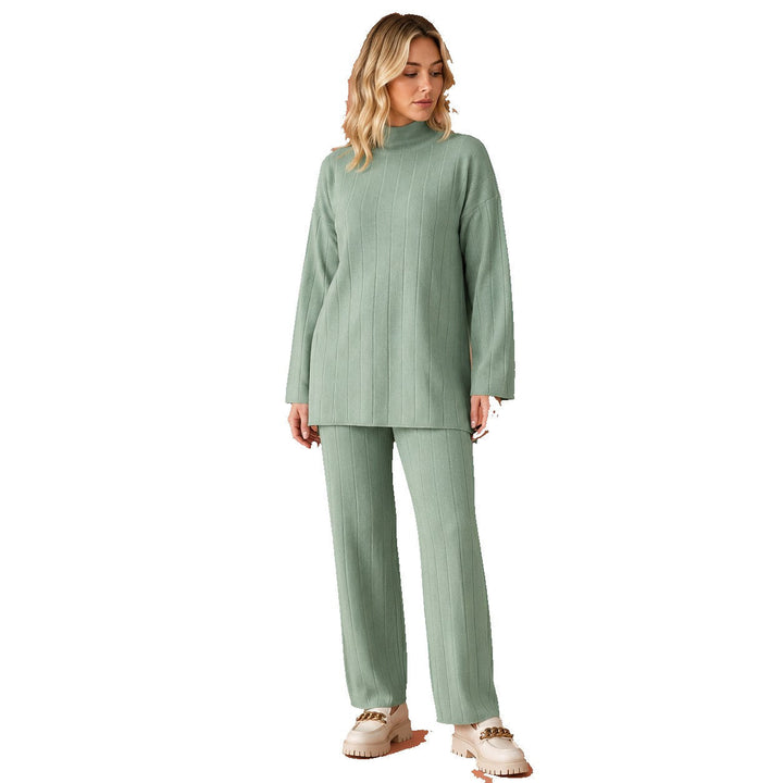 Kvinnors Ribbade Lounge Set Mock Neck Vida Byxor