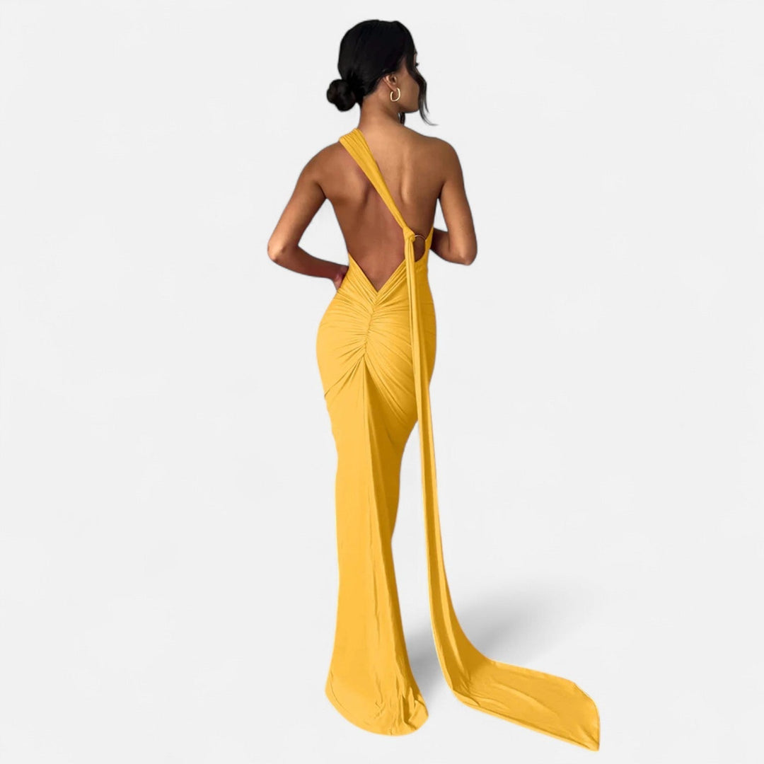 Kvinnors Enaxlad Halterneck Maxi Klänning – Fitted Gown för Kvällsevenemang