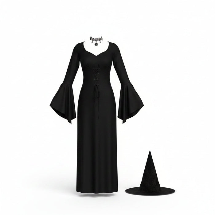 Kvinnors svarta snörning häxa klänning och hatt Halloween kostym